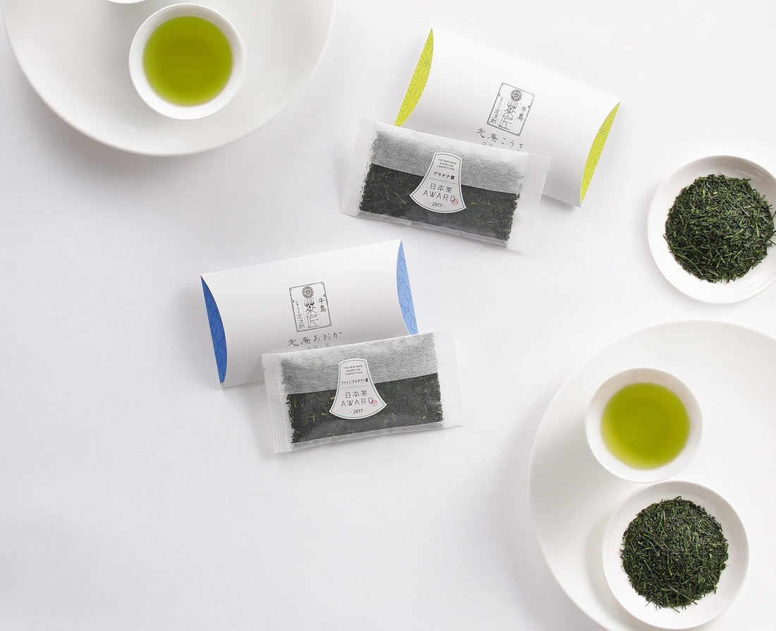 Award-winning Japanese green tea packaging with brewed tea and loose leaves