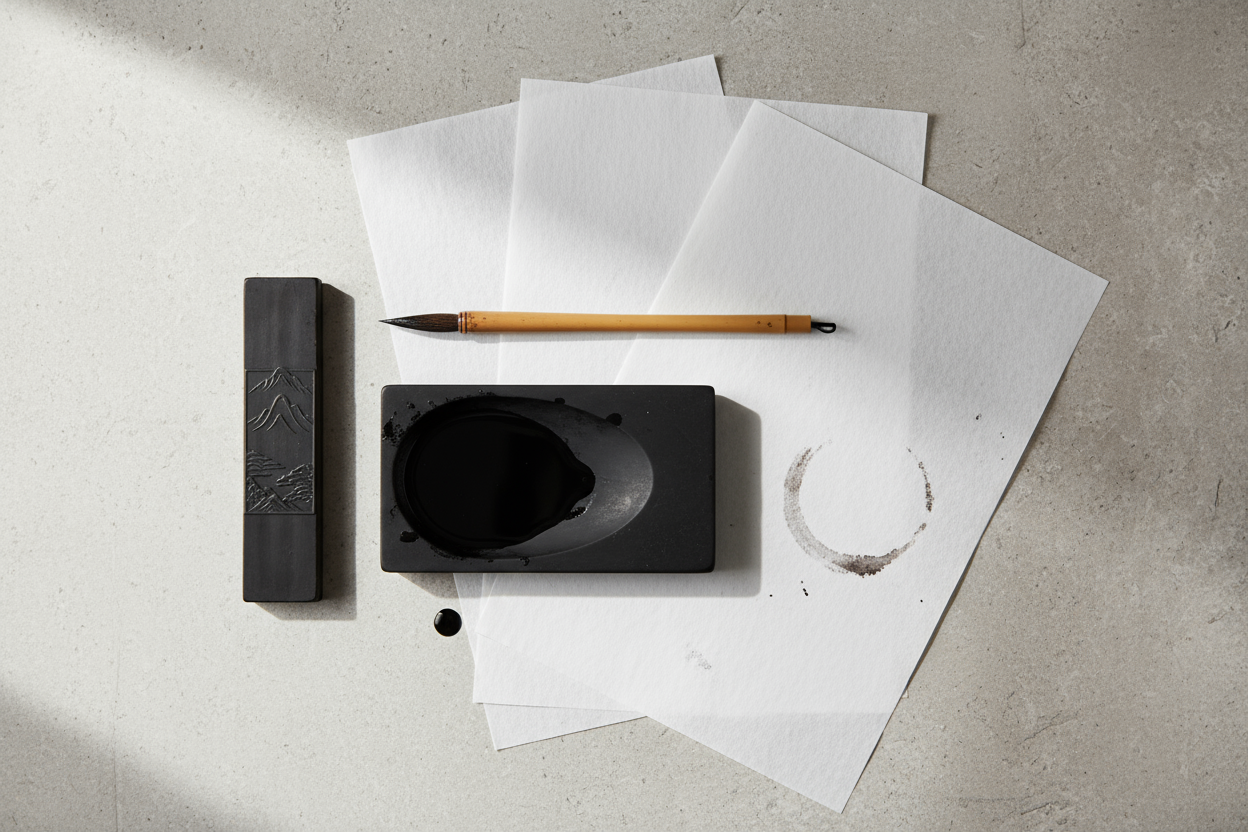 jAPANES CALIGRAPHY SET WIT A BRUSH, INK AND JAPANESE PAPER